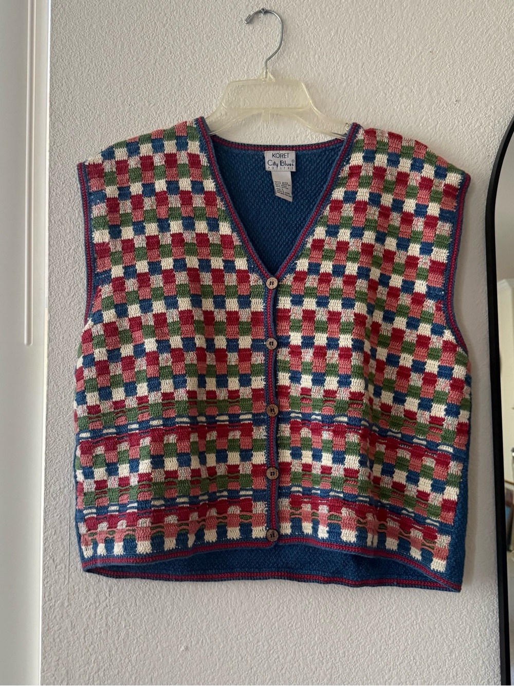 Vintage Koret City Blues Crochet Sweater Vest Colorblock Checker Knit L Boho
